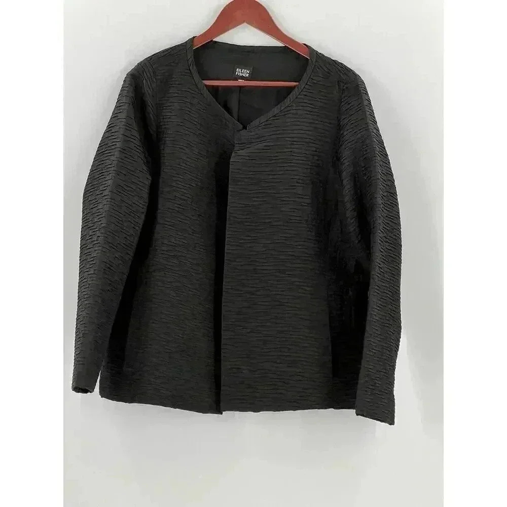 Eileen Fisher Black Silk Crinkle Texture Jacket Hidden Magnetic Closure MEDIUM